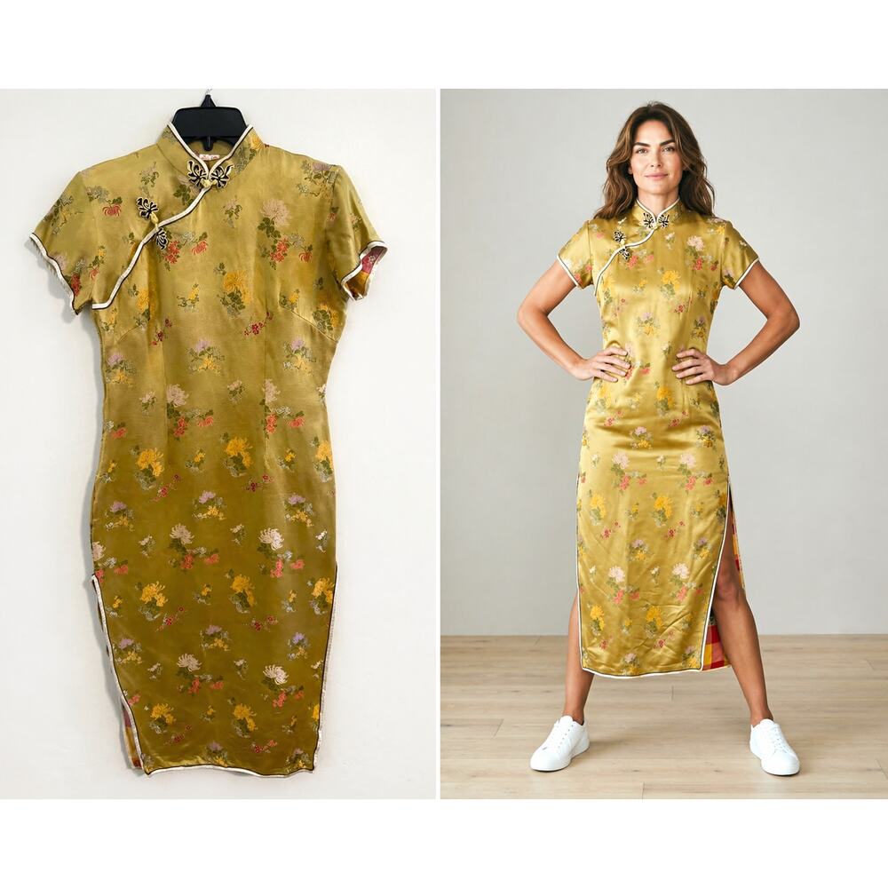 Vintage Gold Cheongsam Dress Hong Kong Qipao Floral Satin Mandarin Collar Sz 38